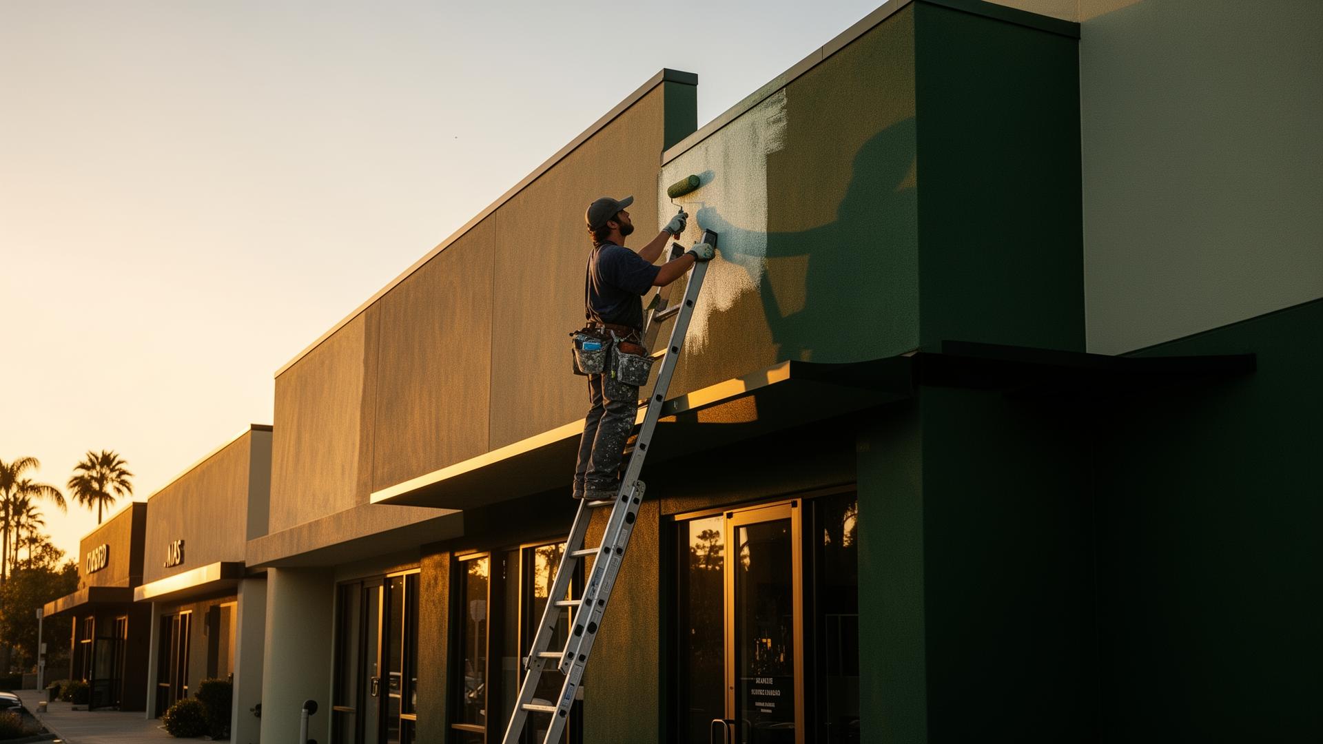 Professional painter working on a commercial building at golden hour